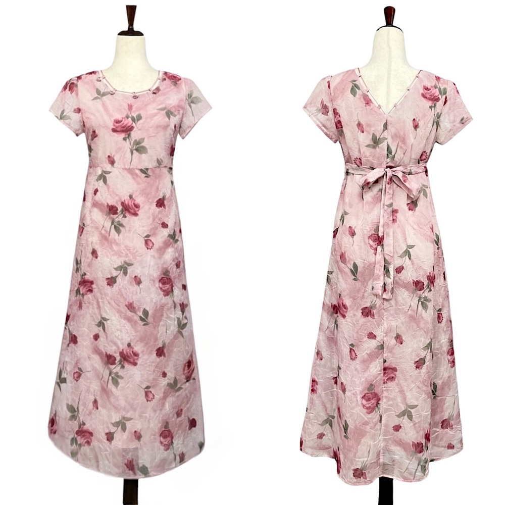 Vintage 90s SL Fashions Sheer Pink Floral Midi Dress Size 4P Tie Back A-Line